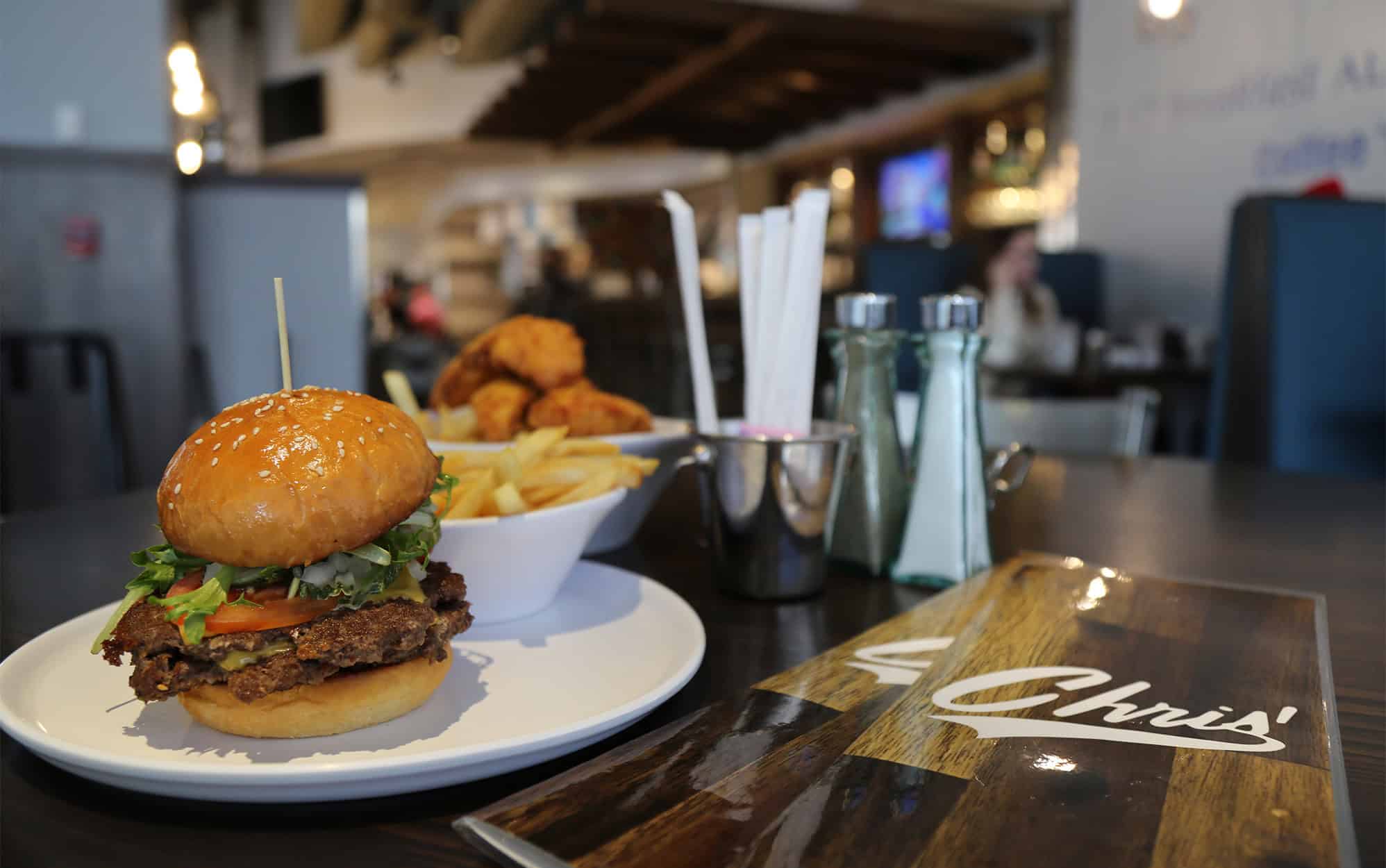 Burger, Fries, Chicken Tenders, and Chris' Menu